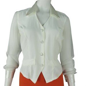 Vintage 60s White Tuxedo Blouse Small Sheer Sleeves Cuffed Tie Back USA Made